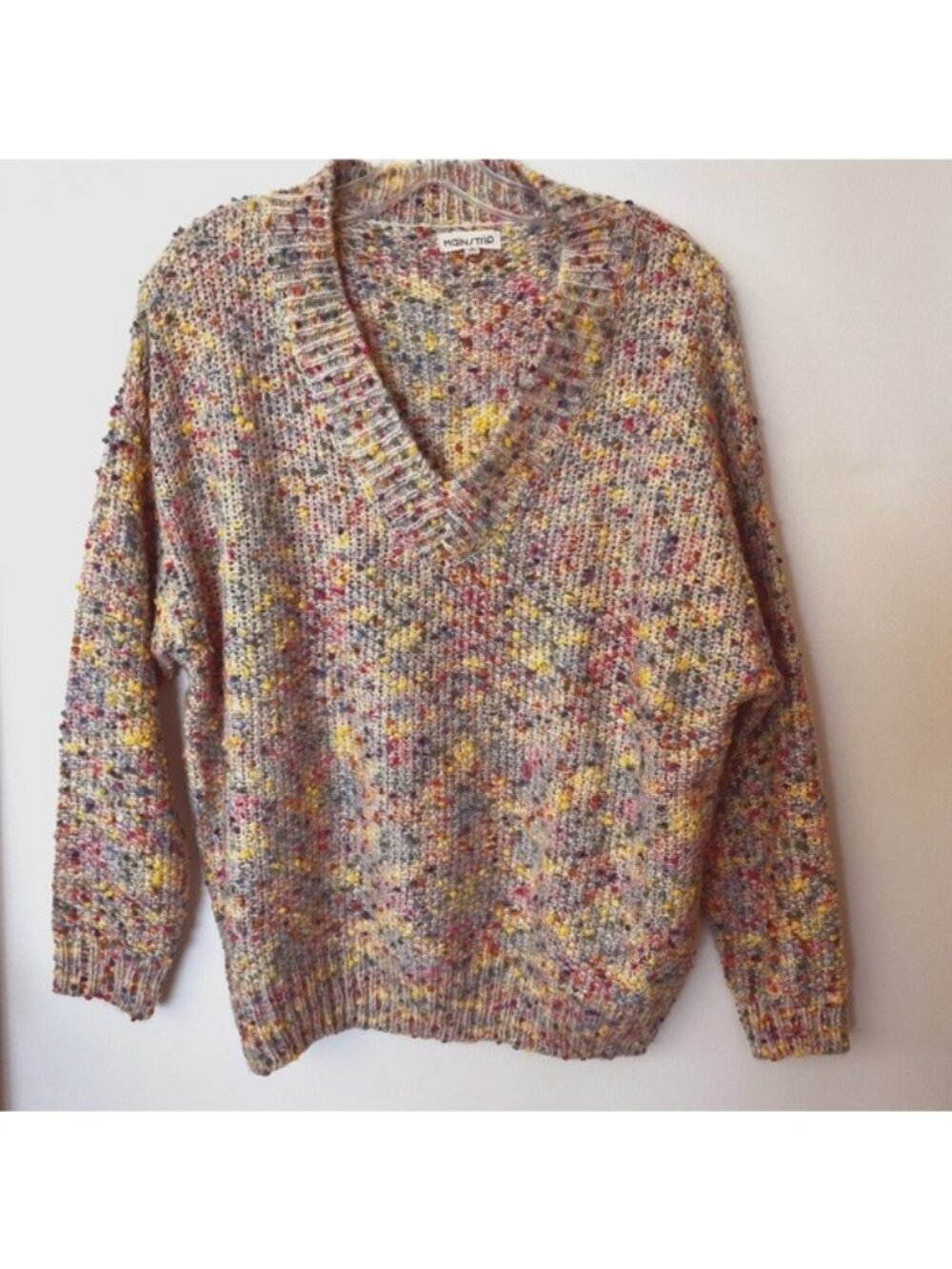 Main Strip Multi Color Confetti V Neck Chunky Boxy Long Sleeve Sweater Small